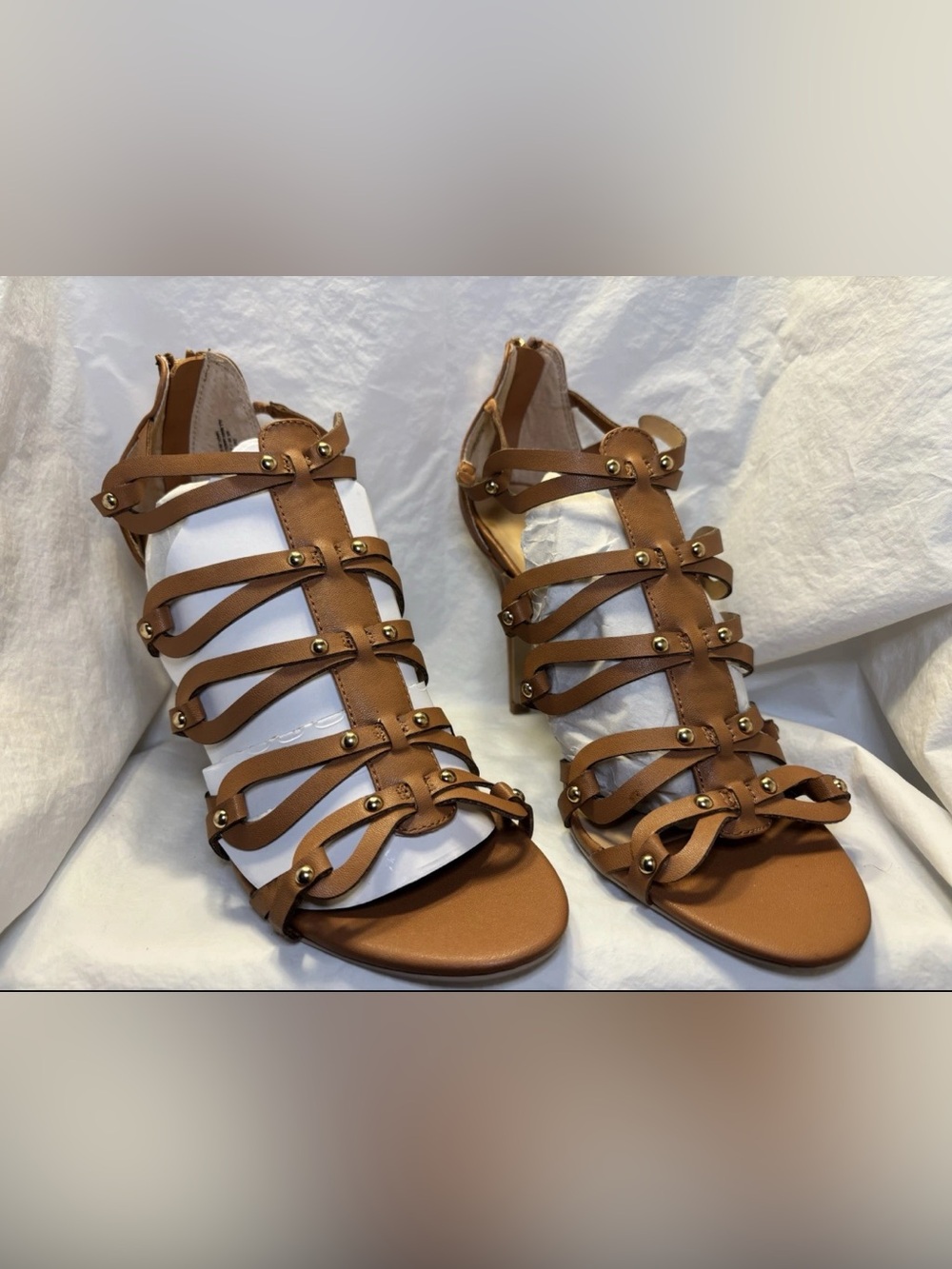 JustFab Tan Strappy Studded Block Heel Sandals